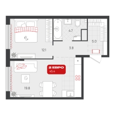 1-комнатная, 45.4 м²