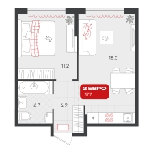 1-комнатная, 37.7 м²