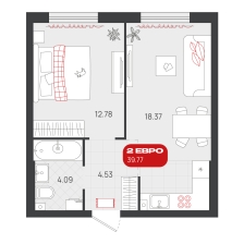 1-комнатная, 39.8 м²