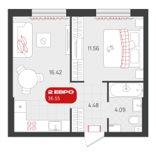 1-комнатная, 36.5 м²