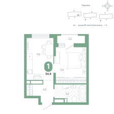 1-комнатная, 34.9 м²