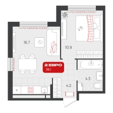 1-комнатная, 36.1 м²