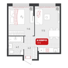1-комнатная, 37.6 м²