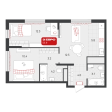 2-комнатная, 55.9 м²