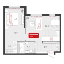 1-комнатная, 48.7 м²
