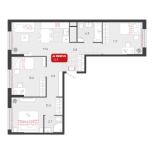 3-комнатная, 74.3 м²