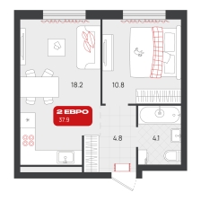 1-комнатная, 37.9 м²