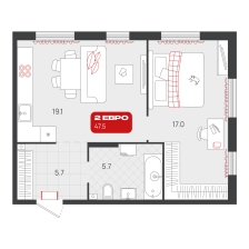 1-комнатная, 47.5 м²