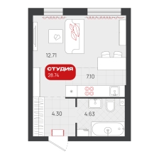 Студия, 28.7 м²