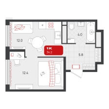 1-комнатная, 34.2 м²