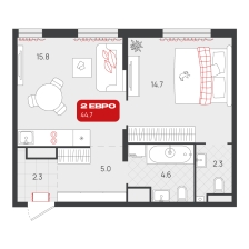 1-комнатная, 44.7 м²