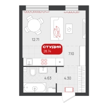 Студия, 28.7 м²