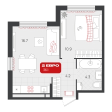 1-комнатная, 36.1 м²