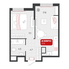 1-комнатная, 37.6 м²