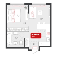 1-комнатная, 37.4 м²