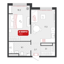 1-комнатная, 45.3 м²