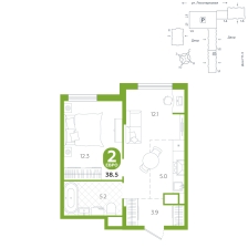 1-комнатная, 38.5 м²