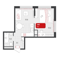 1-комнатная, 33.1 м²