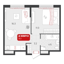 1-комнатная, 35.1 м²