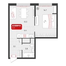 1-комнатная, 41.3 м²