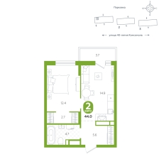 1-комнатная, 44 м²