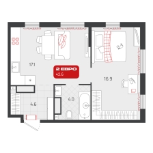 1-комнатная, 42.6 м²
