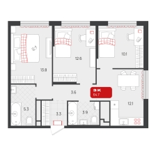 3-комнатная, 64.7 м²