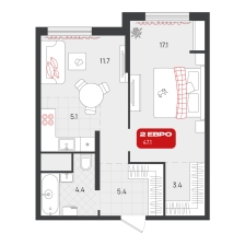 1-комнатная, 47.1 м²