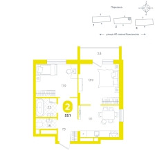 2-комнатная, 53.1 м²