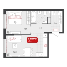 1-комнатная, 45.4 м²