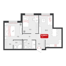 2-комнатная, 61.1 м²