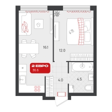 1-комнатная, 36.6 м²