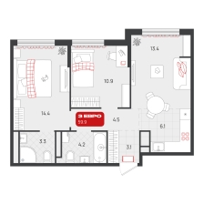 2-комнатная, 59.9 м²