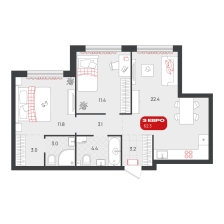 2-комнатная, 62.3 м²