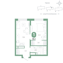1-комнатная, 38.2 м²