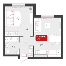 1-комнатная, 41.3 м²