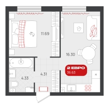 1-комнатная, 36.6 м²