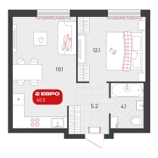 1-комнатная, 40.5 м²