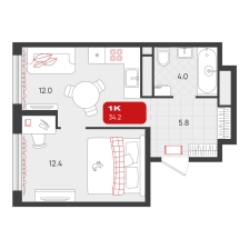 1-комнатная, 34.2 м²