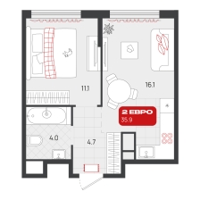 1-комнатная, 35.9 м²