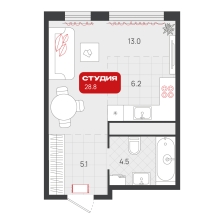Студия, 28.8 м²