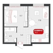 1-комнатная, 39.3 м²