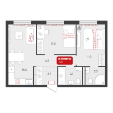 2-комнатная, 53.1 м²
