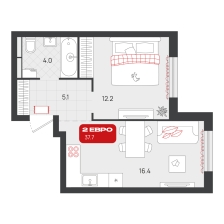 1-комнатная, 37.7 м²
