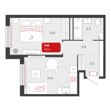 1-комнатная, 40.4 м²