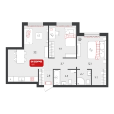 2-комнатная, 61.7 м²