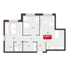 2-комнатная, 61.7 м²