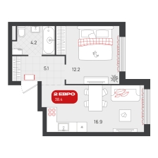 1-комнатная, 38.4 м²