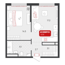 1-комнатная, 43.6 м²