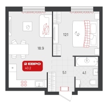 1-комнатная, 40.2 м²